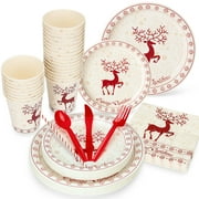 Fashionwu 200Pcs Disposable Paper Plates Set with Cutlery, Christmas Dinnerware \u0026 Utensil Includes Plates, Fork, Knife \u0026 Spoon for Xmas Party, Camping, Picnic, BBQ